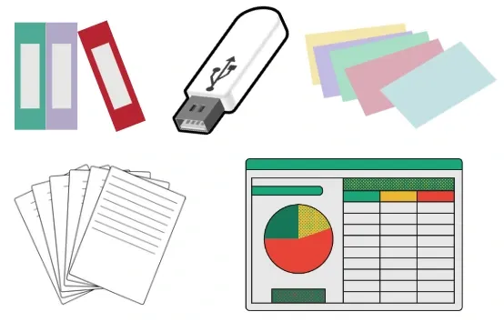 Files, USB, papers, spreadsheets, notes